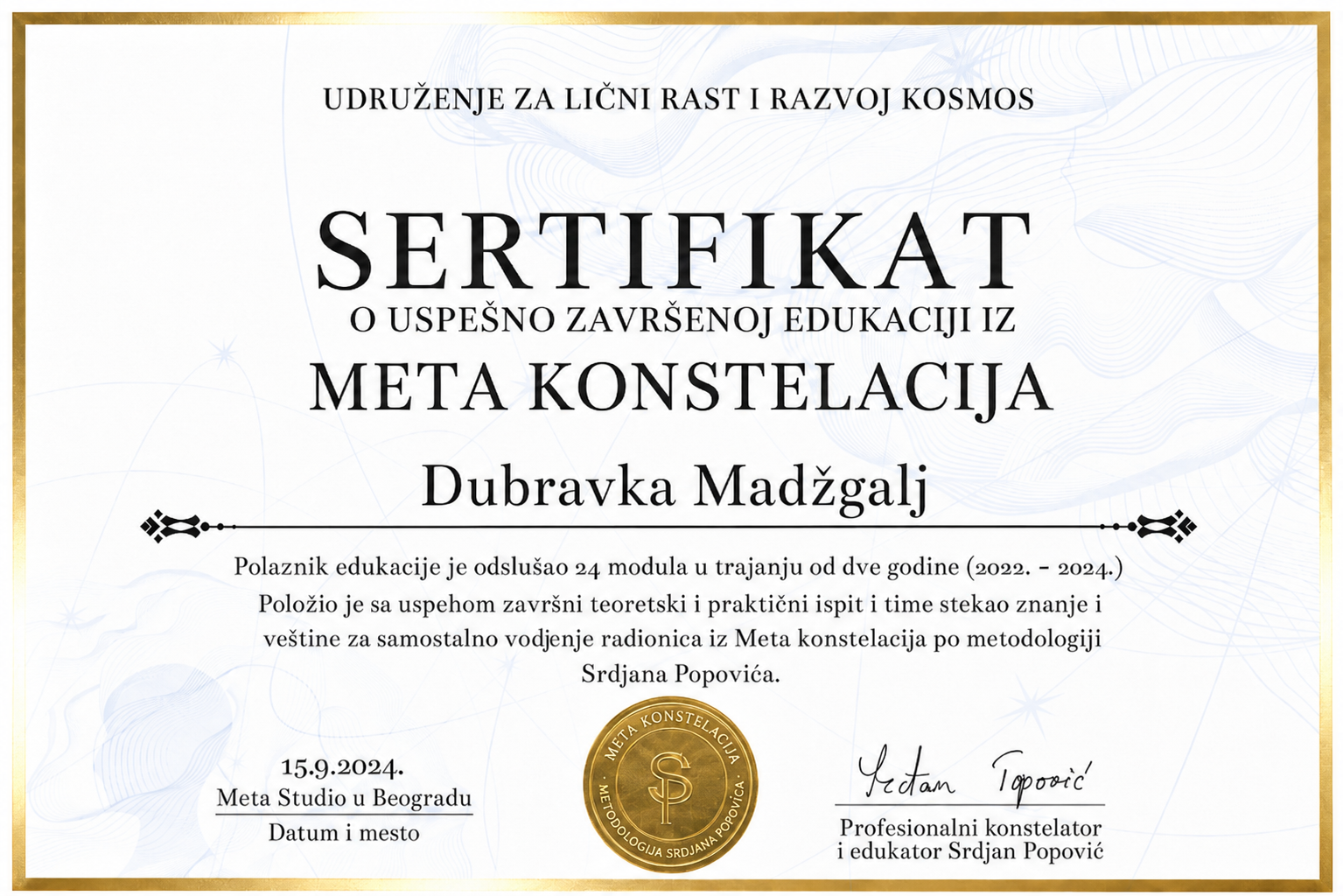 Sertifikat o završenoj edukaciji iz Meta konstelacija, Dubravka Madžgalj