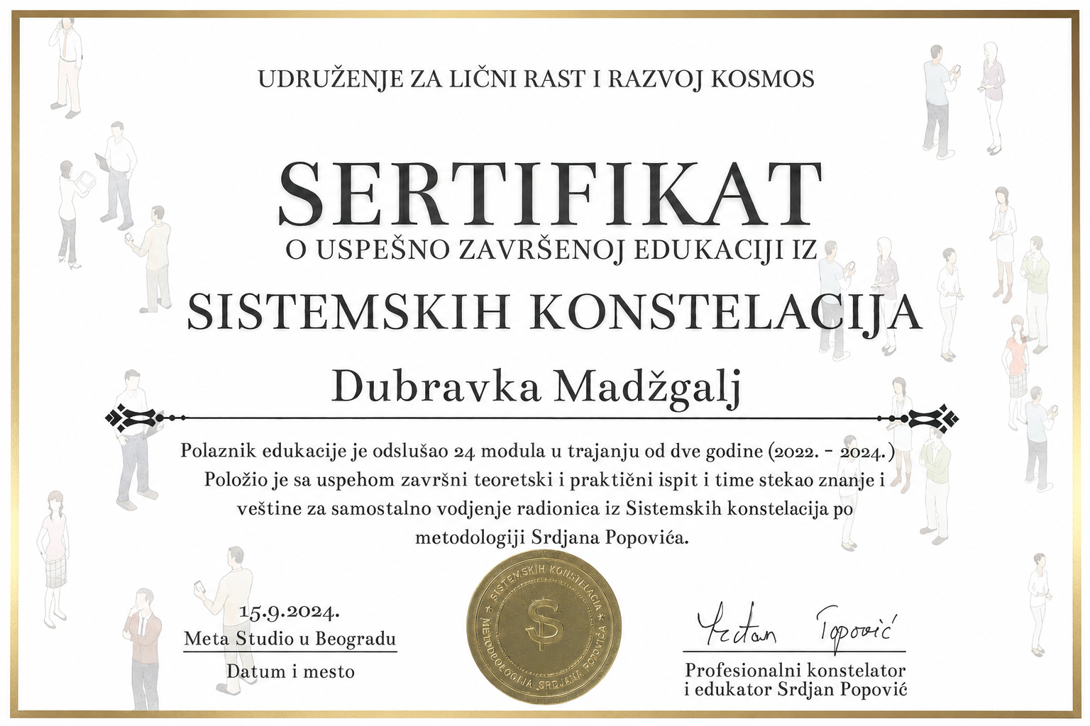 Sertifikat o završenoj edukaciji iz Sistemskih konstelacija, Dubravka Madžgalj